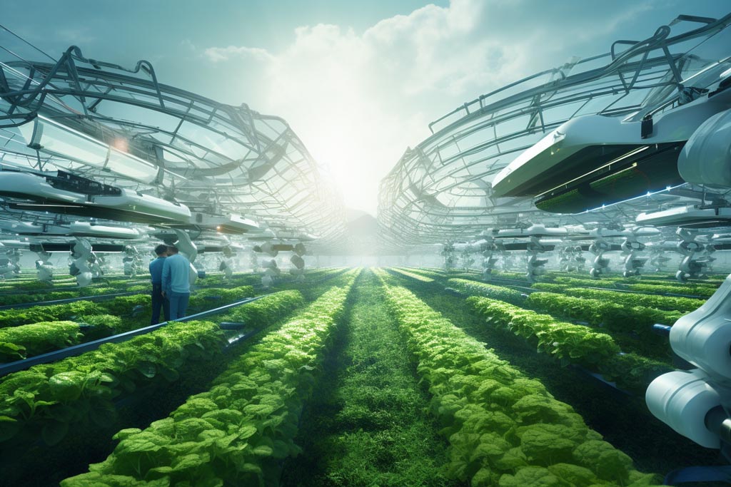Immagine futuristica che mostra una fattoria fiorente con tecnologia avanzata, che rappresenta il futuro della termoformatura in agricoltura.