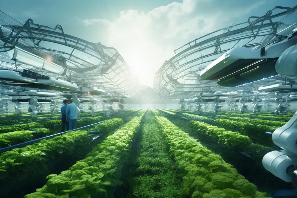 Immagine Futuristica Che Mostra Una Fattoria Fiorente Con Tecnologia Avanzata, Che Rappresenta Il Futuro Della Termoformatura In Agricoltura.