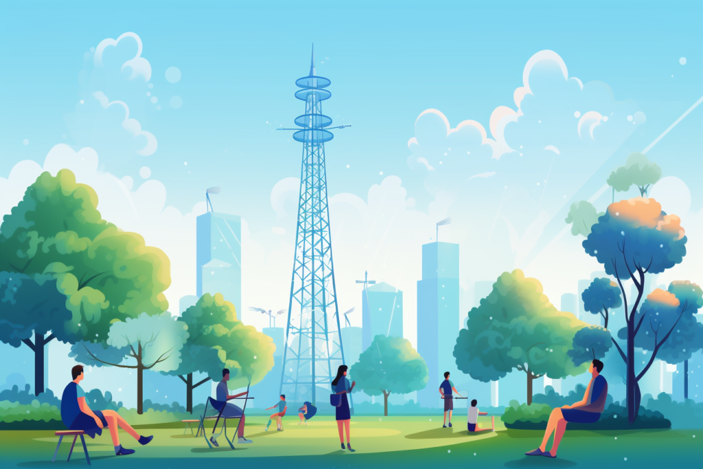 Estetica E Funzionalità: Le Nuove Cover Per Cell Tower 5G 1 Persone In Un Parco Durante Una Giornata Di Sole, Con Una Torre 5G Dal Design Raffinato Sullo Sfondo.