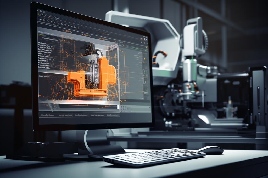 Immagine Divisa A Metà, A Sinistra Software Cad E Macchine Cnc, A Destra Vari Materiali Usati Per La Costruzione Degli Stampi Come Acciaio, Alluminio, Rame, Resine E Legno.