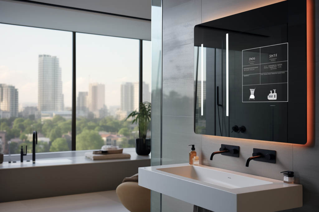 Bagno Moderno Con Specchio Touchscreen Che Mostra Aggiornamenti Sulle Notizie E Rubinetti Eco-Friendly.