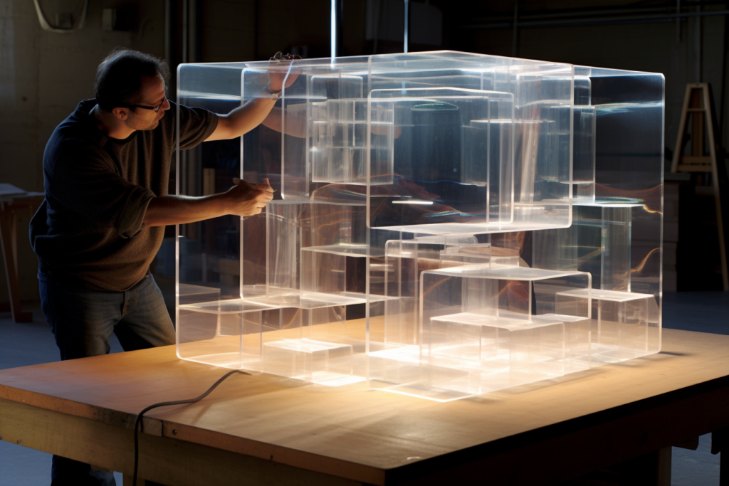 Atelier Di Design Illuminato Da Pezzi Di Plexiglass Termoformati Che Catturano E Riflettono La Luce In Varie Forme Artistiche.