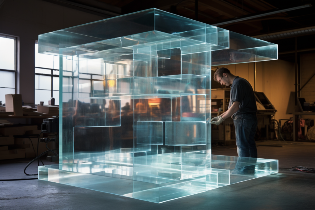 Un Designer Moderno E Un Artigiano Del Passato Che Lavorano Insieme, Collaborando Sulla Termoformatura Di Un Pezzo Unico Di Plexiglass, Simboleggiando La Fusione Di Tradizione E Innovazione.