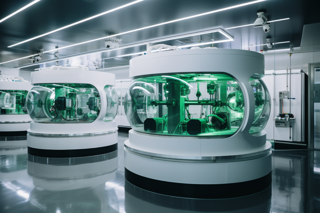 Laboratorio Futuristico Dove I Ricercatori Sviluppano Nuovi Materiali Sostenibili Per La Termoformatura Di Carter Industriali, Con Enfasi Su Tecnologia E Innovazione Verdi.