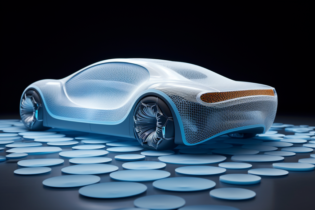 Illustrate The Transformation Process Of Polypropylene (Pp) From Raw Granular Form Into A Sleek, Aerodynamic Automotive Component Using Termoforming. Show A Half-Finished Car Part Suspended Over A Mold, With Pp Pellets On One Side Morphing Into The Solid Form On The Other Side, Highlighting The Change In State With Dynamic Lines And Light Effects To Symbolize Energy And Transformation.