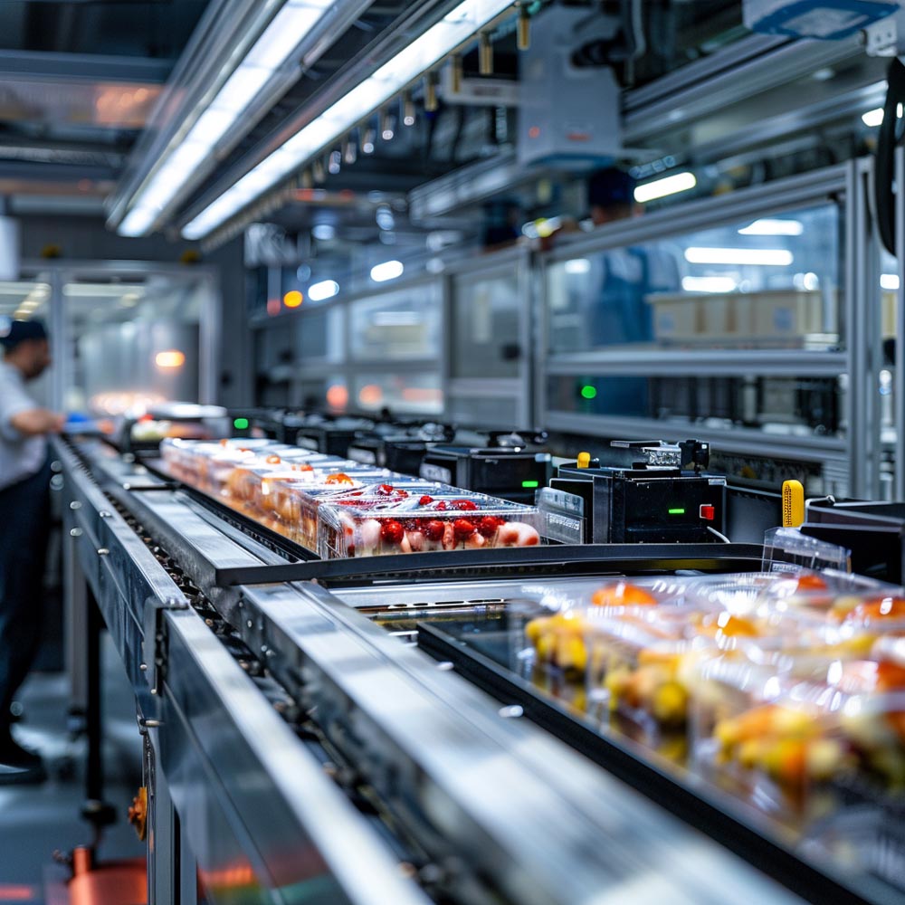 Linea di produzione automatizzata in un impianto di lavorazione alimentare con operai che monitorano il processo.