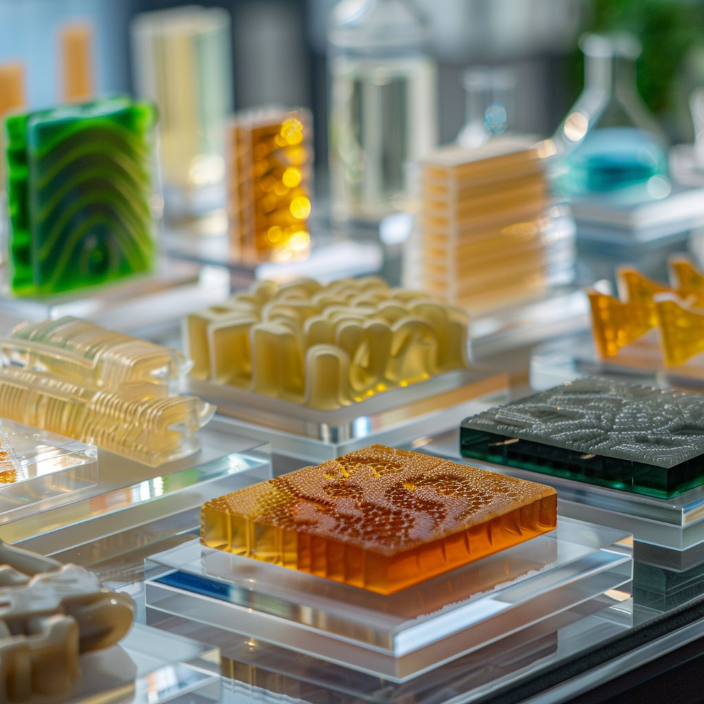 Vista Ravvicinata Di Vari Tipi Di Materiali Sostenibili Utilizzati Nella Termoformatura, Inclusi Bioplastiche E Plastiche Riciclate, In Un Laboratorio Pulito E Organizzato Con Scienziati Ed Ingegneri Che Esaminano I Materiali.