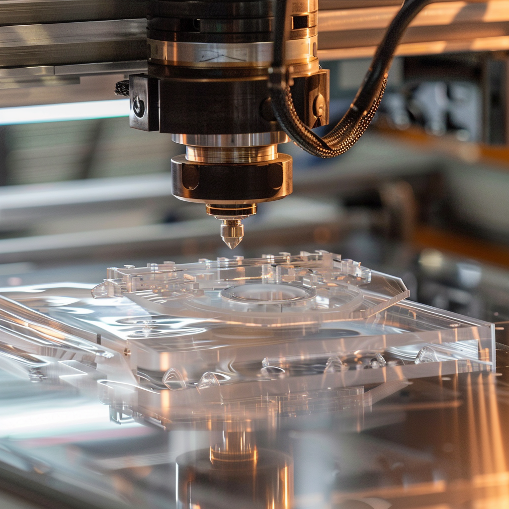 Termoformatura Del Plexiglass: Creare Forme Uniche Per Ogni Esigenza 2 A Detailed Image Of A High-Tech Thermoforming Machine In Action, Shaping A Transparent Sheet Of Plexiglass Into A Complex, Custom-Designed Form, With An Industrial Background.