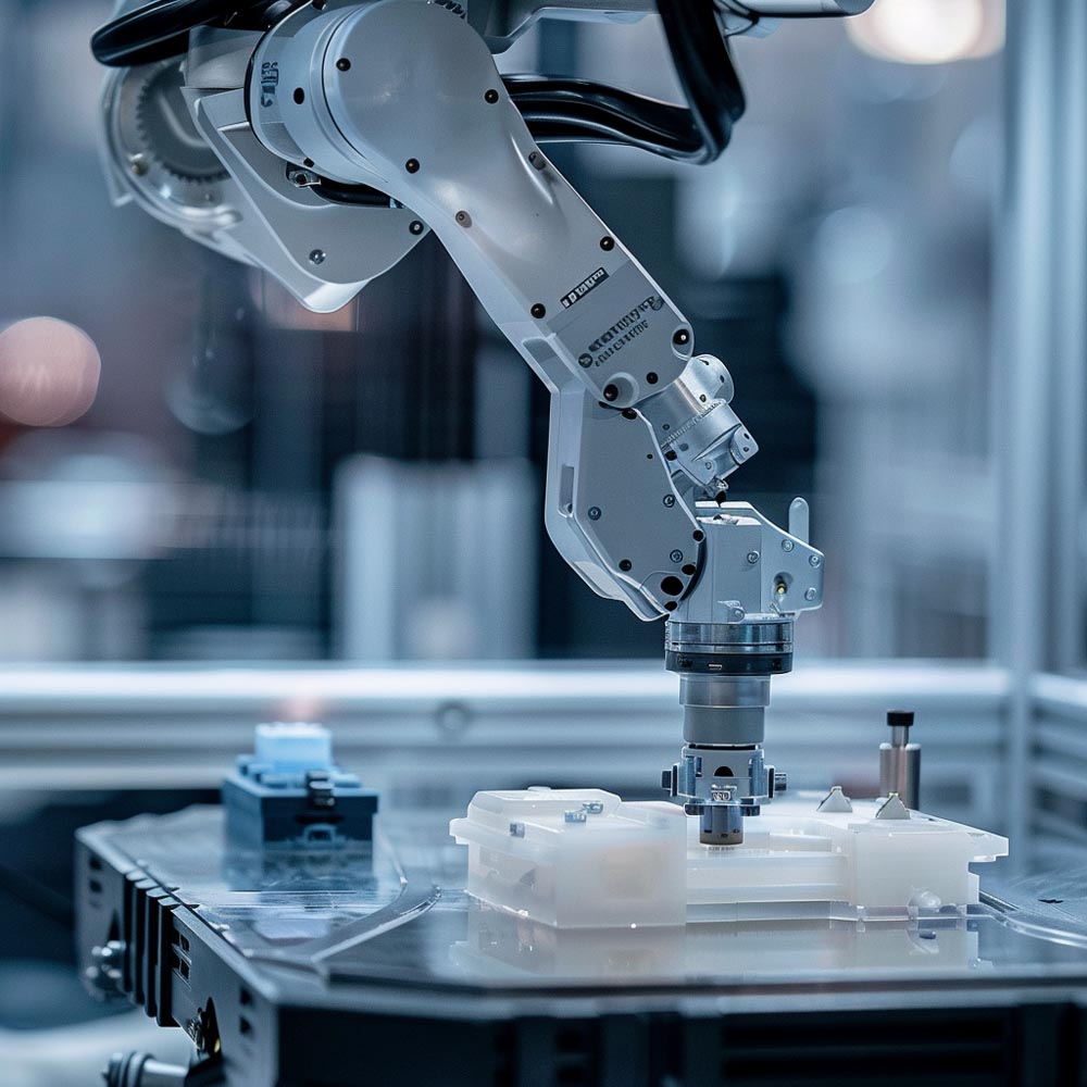 Vista Ravvicinata Di Un Braccio Robotico Futuristico Impegnato Nel Processo Di Termoformatura. Il Robot È Dettagliato, Con Giunti, Sensori E Strumenti Di Taglio Visibili, Che Taglia Con Estrema Precisione Un Pezzo Di Plastica