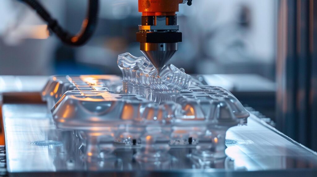 Primo Piano Di Un Foglio Di Plastica Riscaldato Modellato In Una Forma Complessa, Con Bracci Robotici Che Assistono Nel Processo, Mostrando Precisione E Innovazione