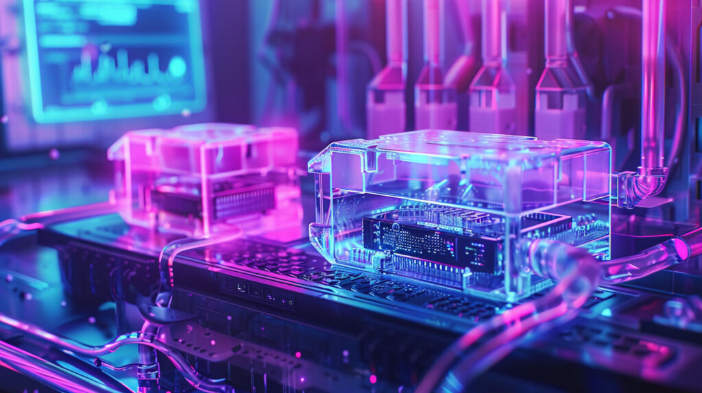 Primo Piano Dettagliato Di Un Foglio Di Plastica Tra Due Stampi Futuristici, Con Luci Al Neon E Circuiti Brillanti.