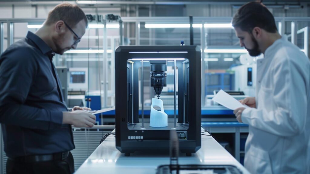 Stampante 3D Che Crea Un Prototipo Dettagliato In Un Ambiente Industriale Moderno, Con Ingegneri Che Osservano E Prendono Appunti.