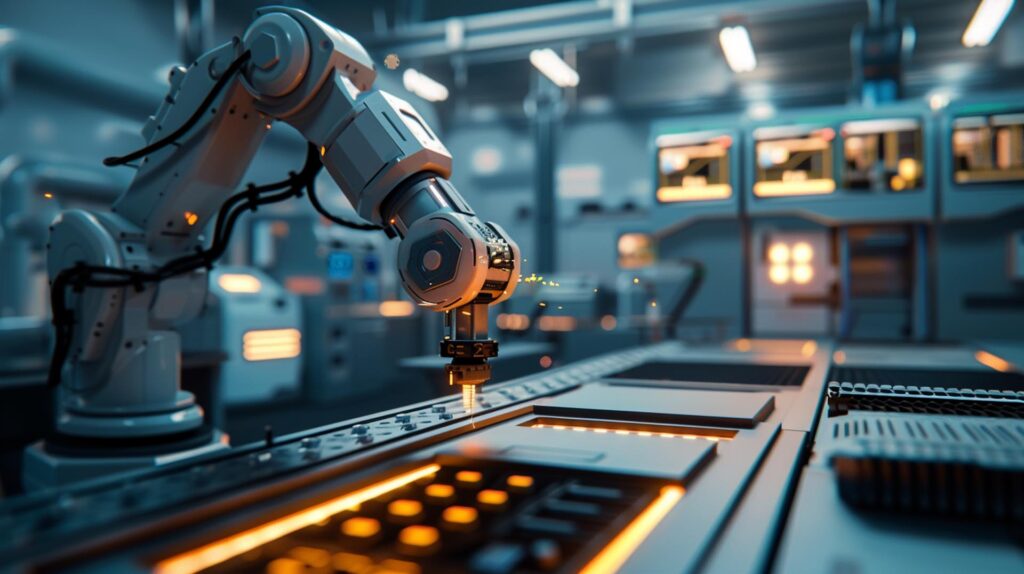 Braccio Robotico Avanzato Taglia Un Foglio Di Plastica Termoformato Con Precisione In Un Ambiente Industriale.