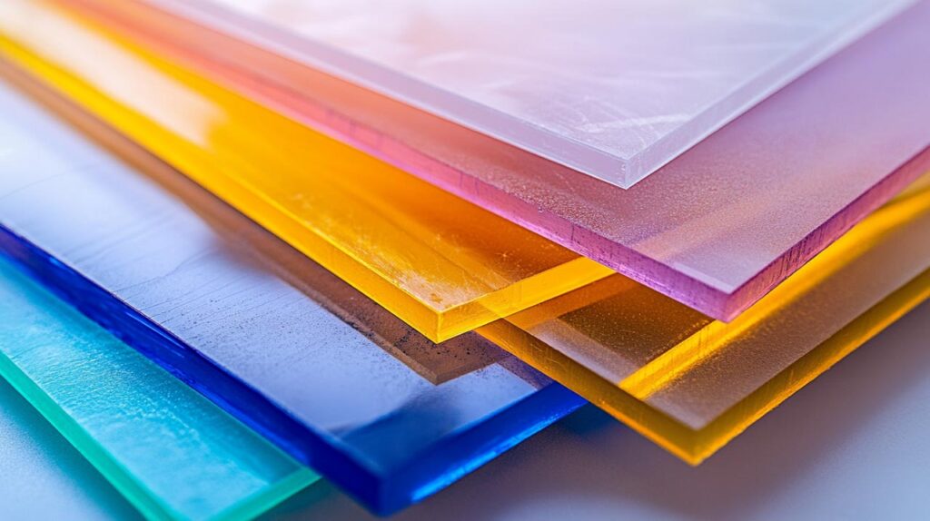 Primo Piano Di Fogli Di Plastica Vari (Abs, Pvc, Petg, Policarbonato, Polipropilene) Impilati Con Diverse Finiture Lucide, Trasparenti E Opache.