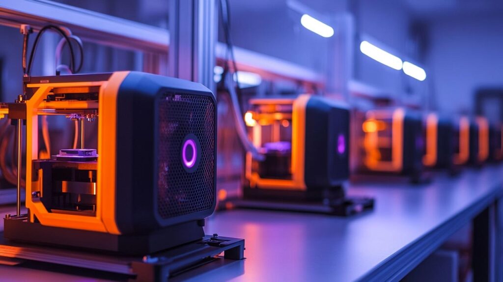 Fabbrica Futuristica Con Stampanti 3D E Macchine Per Termoformatura Che Lavorano Insieme In Un Ambiente Moderno E Luminoso