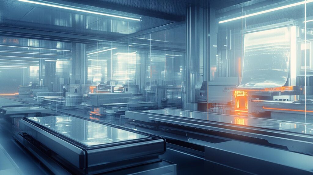 Linea Di Produzione Moderna Con Stampi Per Termoformatura In Azione, Macchinari E Nastri Trasportatori In Ambiente Industriale