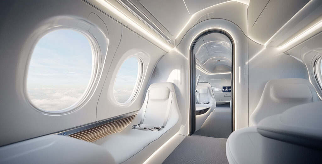 Interno Cabina Di Aereo Con Pannelli In Termoformatura Plastica, Progettati Per Essere Leggeri, Resistenti E Aerodinamici.