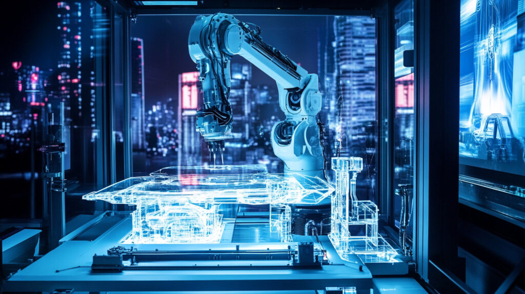 Prototipo Cibernetico Futuristico Formato Da Una Macchina Avanzata Di Termoformatura. Bracci Robotici Modellano Plastica Traslucida E Luminosa, Con Uno Sfondo Di Metropoli Cyberpunk Piena Di Auto Volanti E Grattacieli Con Pubblicità Pulsanti
