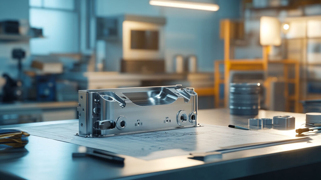 Stampo Per Termoformatura Plastica In Alluminio Su Banco Da Lavoro In Officina Industriale, Con Strumenti Di Misura E Disegni Tecnici.