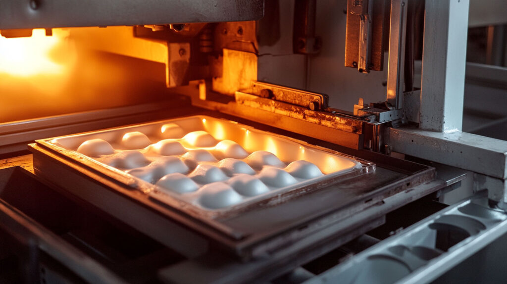 Macchinario Industriale Che Esegue La Termoformatura Di Un Foglio Di Polistirolo, Modellandolo In Un Vassoio Personalizzato