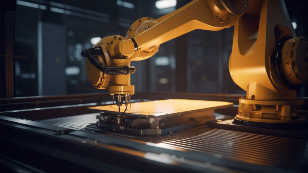 Braccio Robotico Industriale Che Taglia Una Lastra Di Metallo Con Laser Ad Alta Precisione, Scintille Visibili In Un Ambiente Di Fabbrica Moderno. 