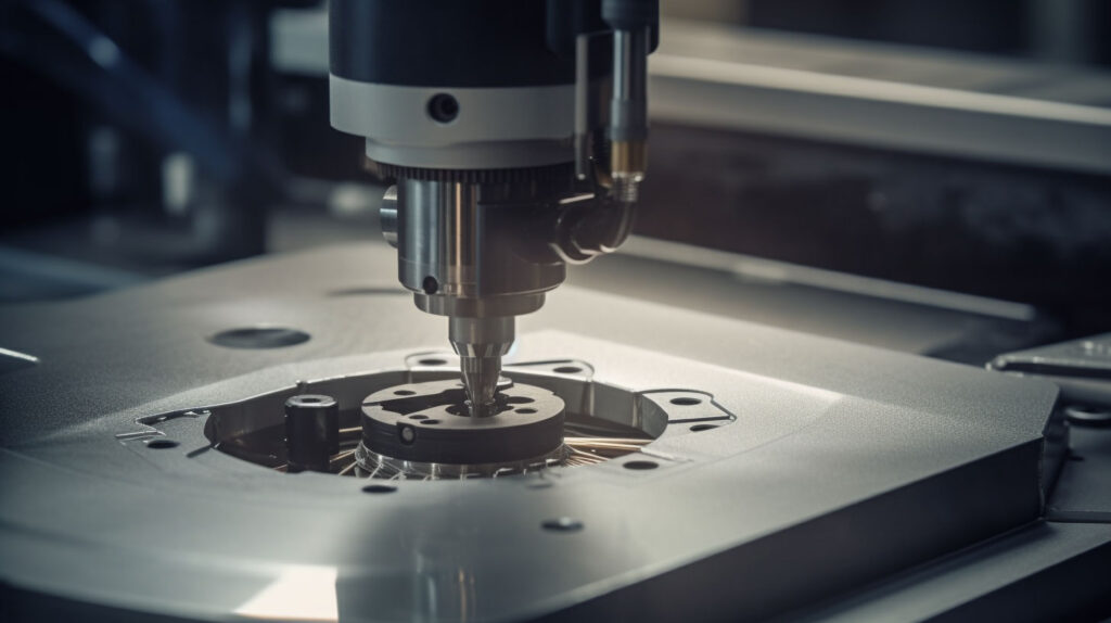 Primo Piano Di Un Utensile Robotico Che Realizza Un Taglio Preciso Su Un Pezzo Di Plastica Termoformata, In Un Contesto Industriale Avanzato. 