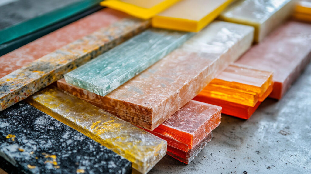 Lastre Di Plastica Per Termoformatura Da Lastra, Inclusi Abs, Petg, Pvc E Policarbonato, Disposte Su Un Banco Da Lavoro Con Superfici E Colori Diversi