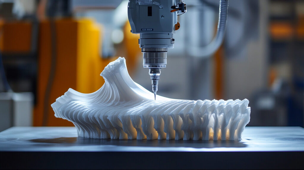 Braccio Robotico Che Esegue La Rifilatura 5 Assi Su Un Pezzo Termoformato Complesso.