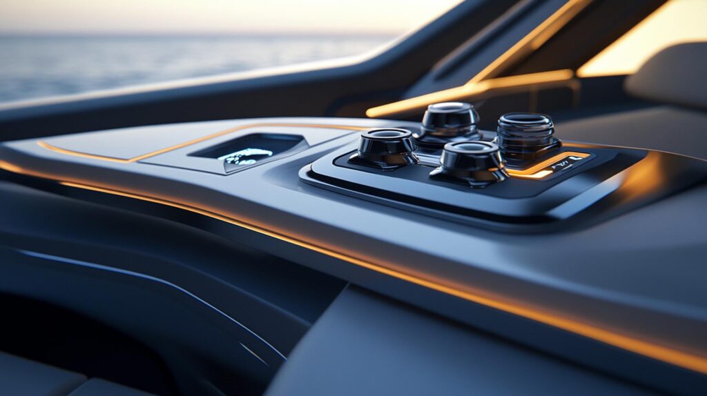 Plancia Di Comando E Seduta Ergonomica Di Yacht Moderno, Con Componenti In Plastica Termoformata Dal Design Avanzato.