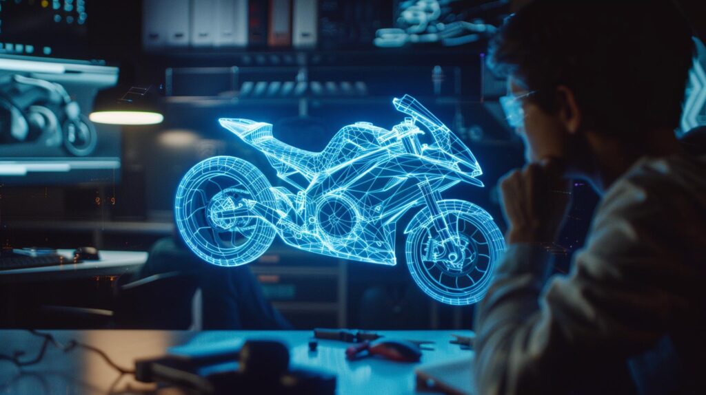 Ingegnere Progetta Un Componente Plastico Per Moto Visualizzando Un Modello 3D Cad Olografico In Uno Studio Di Design.