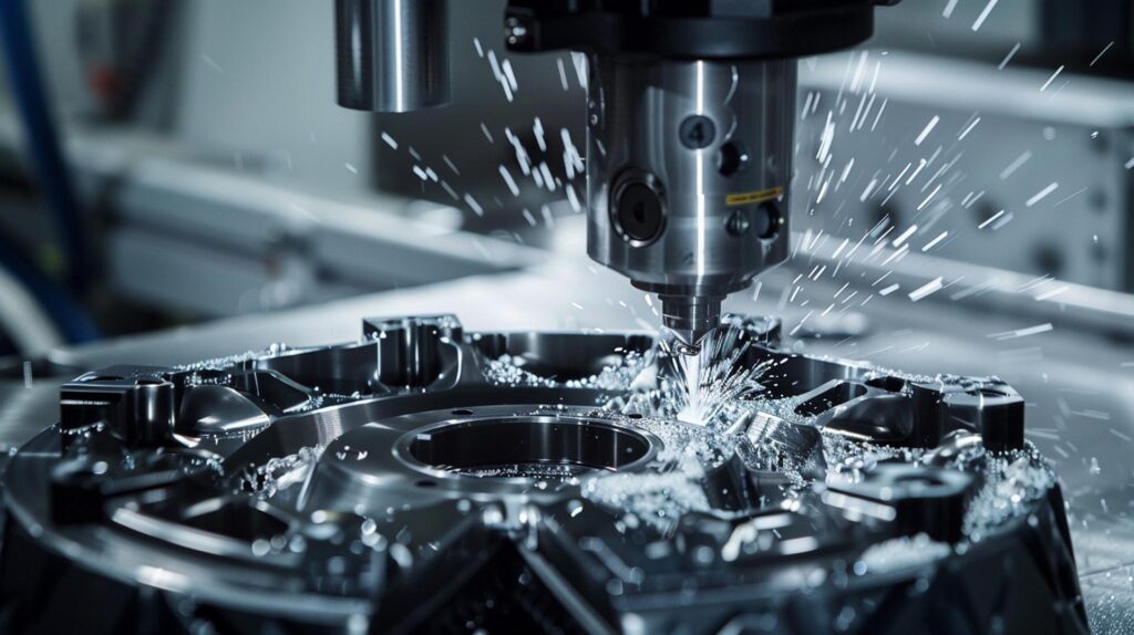 Robot Cnc A 5 Assi Esegue La Finitura Di Precisione Su Un Componente Plastico Nero Per Motociclette In Un'Officina Moderna.