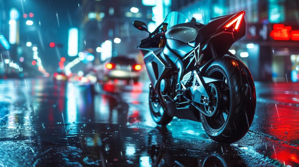 Dettaglio Della Carena Personalizzata E Lucida Montata Su Una Moto Sportiva Moderna, Parcheggiata Su Una Strada Urbana Bagnata.