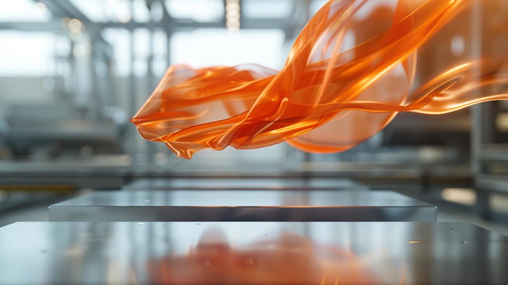 Foglio Di Plastica Arancione Luminoso Sospeso Su Uno Stampo Per Termoformatura In Un Moderno Impianto Di Produzione