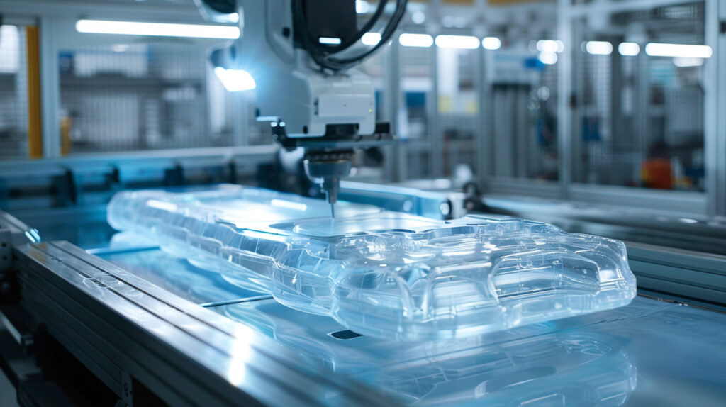 Macchina Per Termoformatura Di Precisione In Funzione: Un Braccio Robotico Modella Un Foglio Di Plastica Su Uno Stampo Industriale.