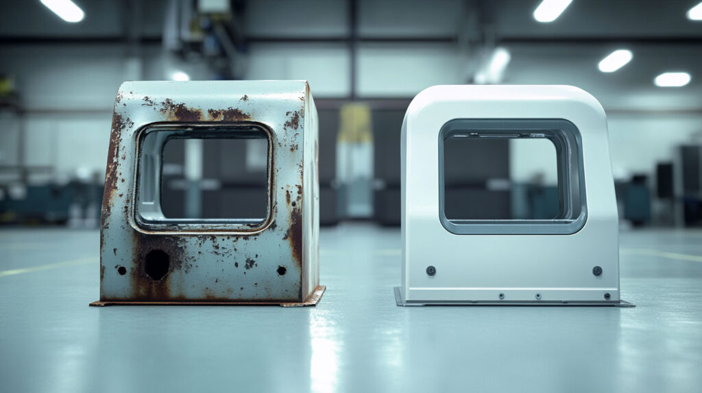 Confronto Tra Un Vecchio Carter Di Protezione In Metallo, Pesante E Arrugginito, E Un Moderno Carter Bianco In Plastica Termoformata, Dal Design Liscio E Pulito.