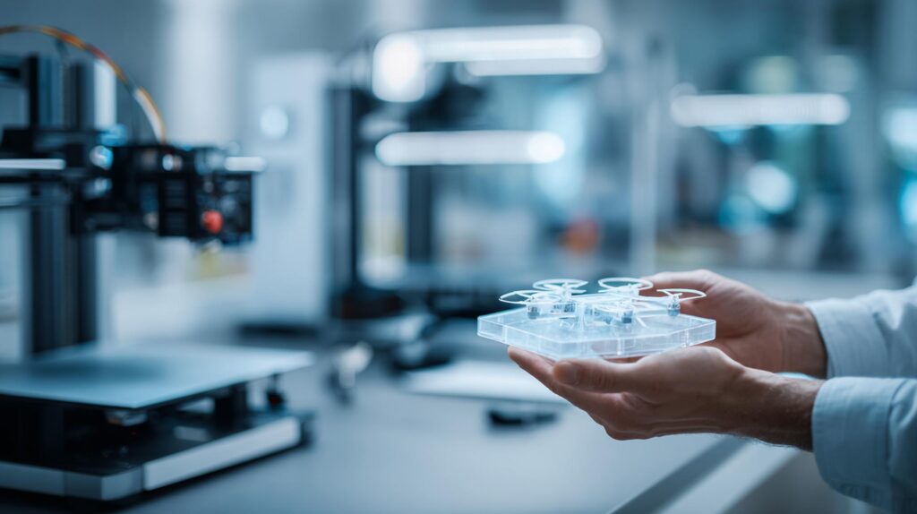 Termoformatura Vs. Stampa 3D Per Prototipi: Quale Scegliere? 1 Designer Tiene In Mano Un Prototipo, Simboleggiando La Scelta Tra La Stampante 3D E La Macchina Per Termoformatura Visibili Sullo Sfondo.
