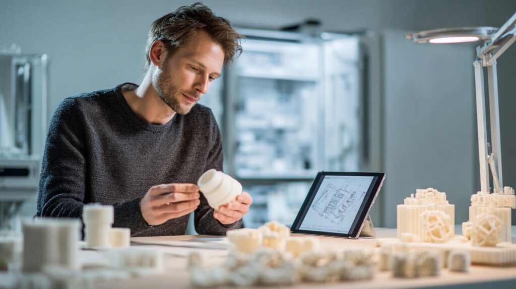 Un Progettista In Un Ufficio Tecnico Confronta Un Grande Pezzo Bianco Termoformato Con Piccoli Componenti Neri Stampati A Iniezione, Riflettendo Sulla Scelta Tecnologica Migliore Per Il Suo Progetto.
