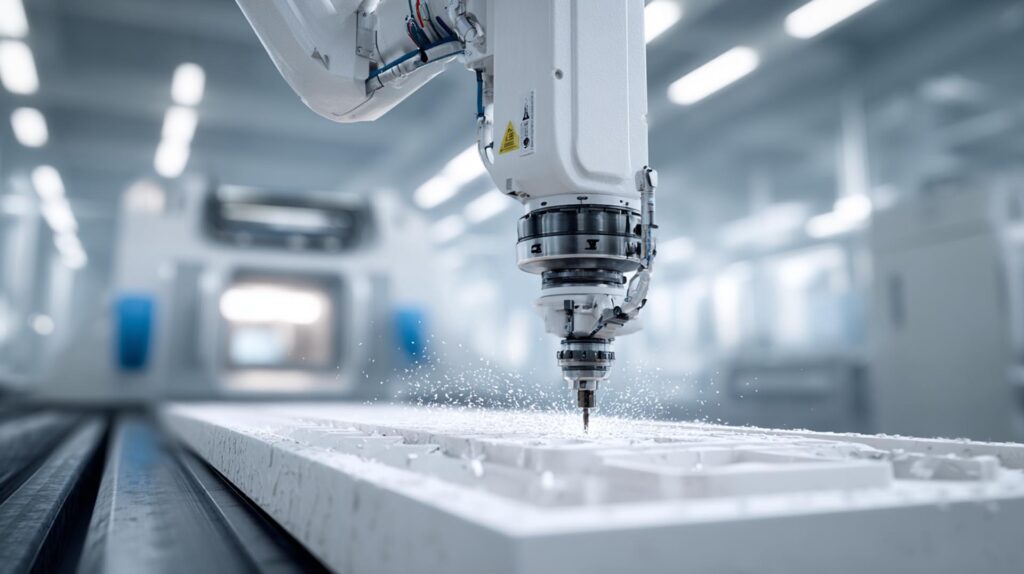 Braccio Robotico Per Fresatura Cnc A 5 Assi Che Rifinisce Con Precisione Un Componente In Plastica Termoformata All'Interno Di Uno Stabilimento Produttivo Moderno.