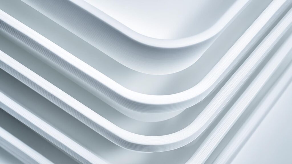 Termoformatura Vs. Stampa 3D Per Prototipi: Quale Scegliere? 2 Primo Piano Di Una Pila Di Vassoi Bianchi Realizzati In Termoformatura, Che Evidenzia La Precisione Delle Linee E La Finitura Di Alta Qualità.