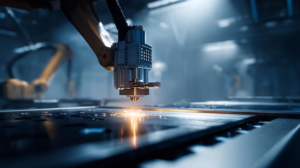 Flusso Di Produzione Integrato Per La Termoformatura, Rappresentato Da Linee Di Luce Che Collegano Le Diverse Fasi Del Processo Senza Interruzioni.