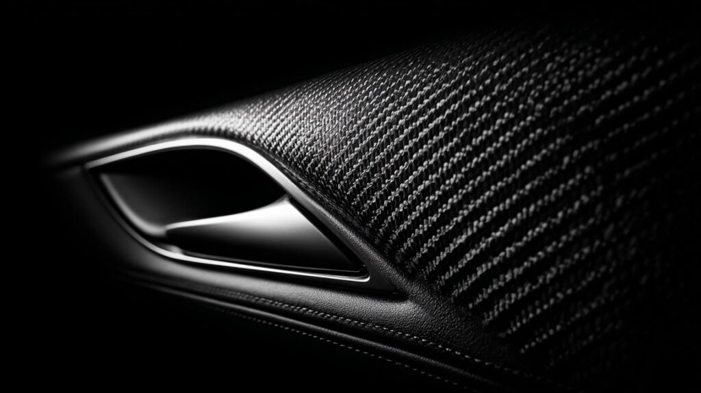 Dettaglio Di Un Pannello Porta Termoformato Per Auto, Con Una Finitura Texturizzata Simile Alla Fibra Di Carbonio E Un Design Geometrico Complesso.
