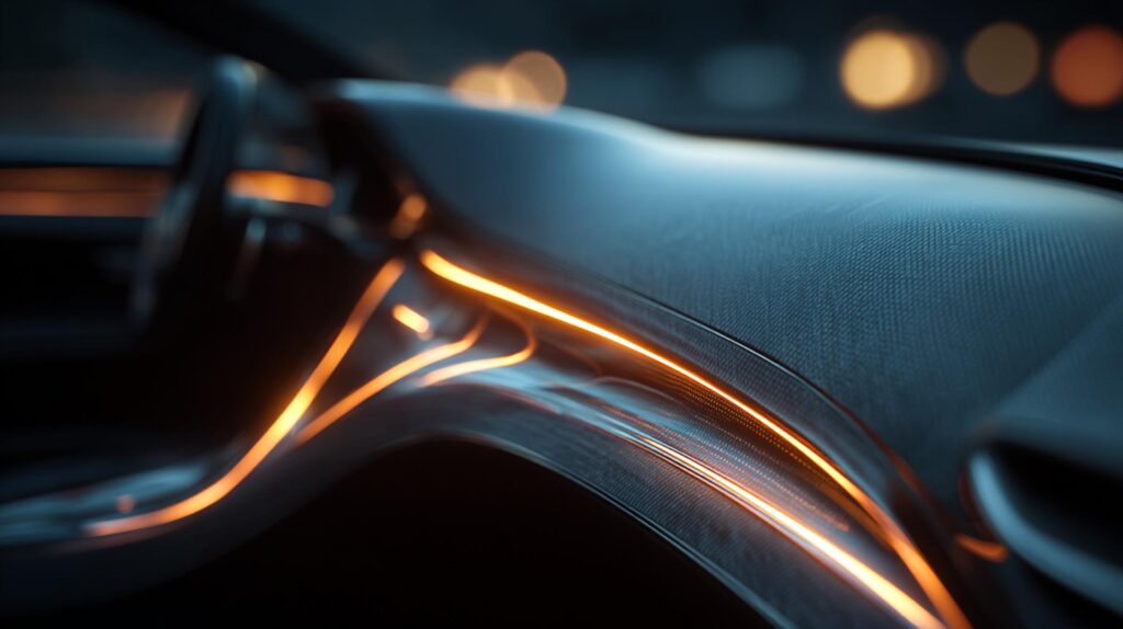 Cruscotto Di Design Futuristico Realizzato Con Termoformatura, Caratterizzato Da Linee Fluide E Illuminazione Ambientale Integrata In Un Interno Auto Minimalista.
