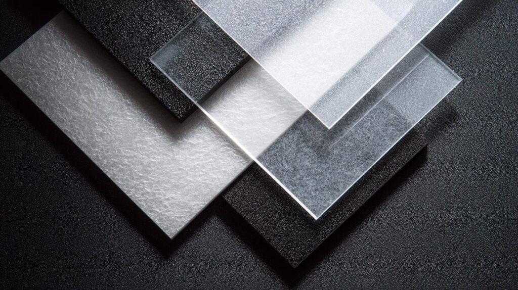 Quale Plastica Usare Per Termoformatura? Guida Alla Scelta Del Materiale Perfetto 1 Fogli Di Diverse Materie Plastiche Per Termoformatura Affiancati: Pet Trasparente, Hips Bianco Opaco E Abs Nero Lucido
