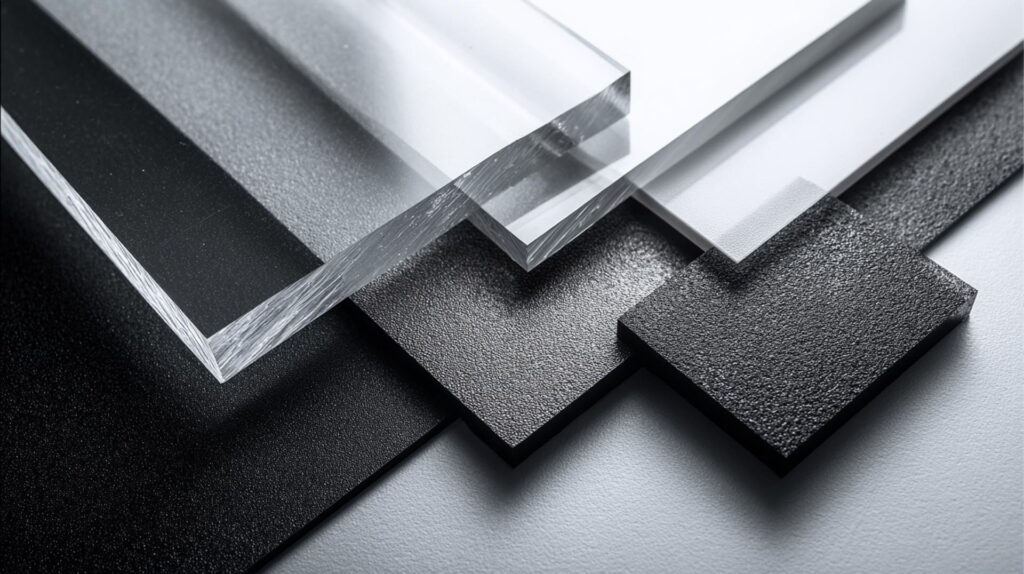 Quale Plastica Usare Per Termoformatura? Guida Alla Scelta Del Materiale Perfetto 2 Fogli Di Diverse Materie Plastiche Per Termoformatura Affiancati: Pet Trasparente, Hips Bianco Opaco E Abs Nero Lucido