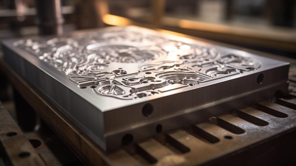 Primo Piano Dettagliato Di Uno Stampo In Alluminio Per Termoformatura Lavorato Con Precisione Cnc, Con Una Superficie Lucida E Contorni Intricati, Che Riflette L'Abilità Artigianale