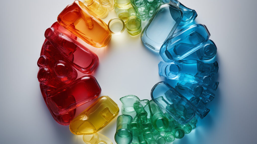 Illustrazione Del Processo Di Economia Circolare Nella Termoformatura: Rifiuti Di Plastica Come Bottiglie Vengono Trasformati In Granuli Di Materiale Riciclato, Che A Loro Volta Vengono Usati Per Creare Nuove Vaschette Per Alimenti Sostenibili, A Simboleggiare L'Impegno Per La Sostenibilità E L'Innovazione.