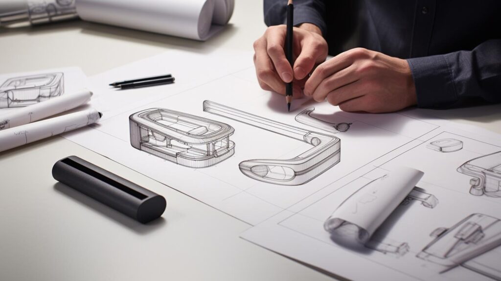 Mano Che Disegna Un Prodotto Su Un Blocco Note, Che Si Trasforma In Un Modello Cad 3D Olografico E Infine Nel Prodotto Finito Termoformato, Simboleggiando Il Percorso Dall'Idea Alla Realizzazione.