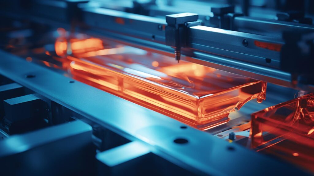 Processo Di Formatura Sottovuoto Di Materie Plastiche In Un Ambiente Industriale Moderno, Con Un Foglio Di Plastica Incandescente Che Aderisce A Uno Stampo.
