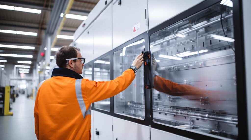 Un Ingegnere In Una Fabbrica Moderna Esamina Un Grande Componente Finito In Plastica Termoformata, Sottolineando La Scala, La Precisione E La Competenza Umana Coinvolte Nella Produzione Tramite Stampaggio Da Lastre Spesse.