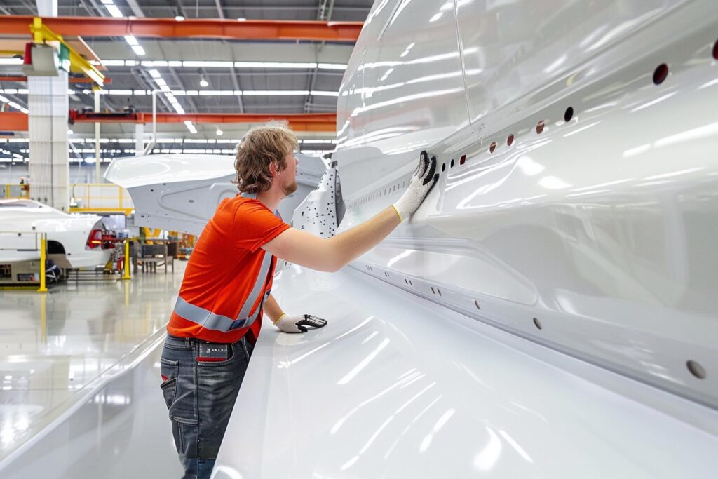 Tecnico Ispeziona Una Carteratura Industriale Di Grandi Dimensioni Realizzata In Plastica Termoformata Bianca Lucida